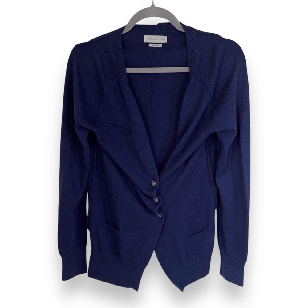 Isabel Murant Etoile ✘ Wool Blend Button Ribbed Plunge Cardigan, Blue, M - Picture 13 of 13